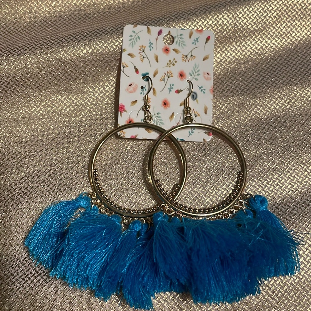 NWOT’s- Gold colored fish hook earrings w/teal fringes